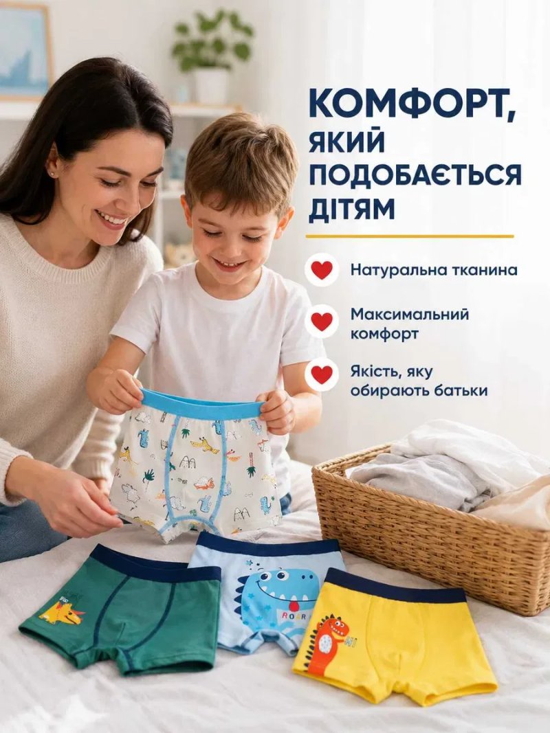 Труси для хлопчика дитячі боксерки набір 5 шт дитячі труси шортики бавовна 95% хлопок динозаври трусики для хлопчиків м'яка резинка натуральна тканина — фото 2