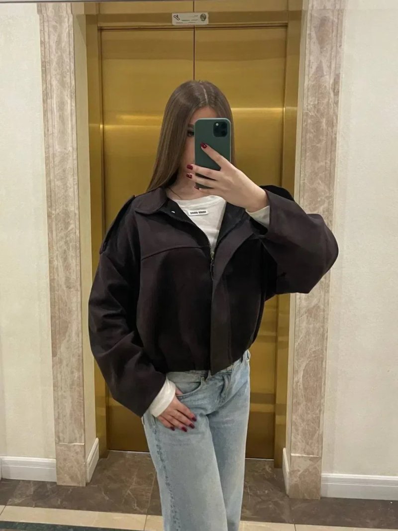 Укорочений замшевий бомбер в стилі Zara. Колір Темний шоколад — фото 2