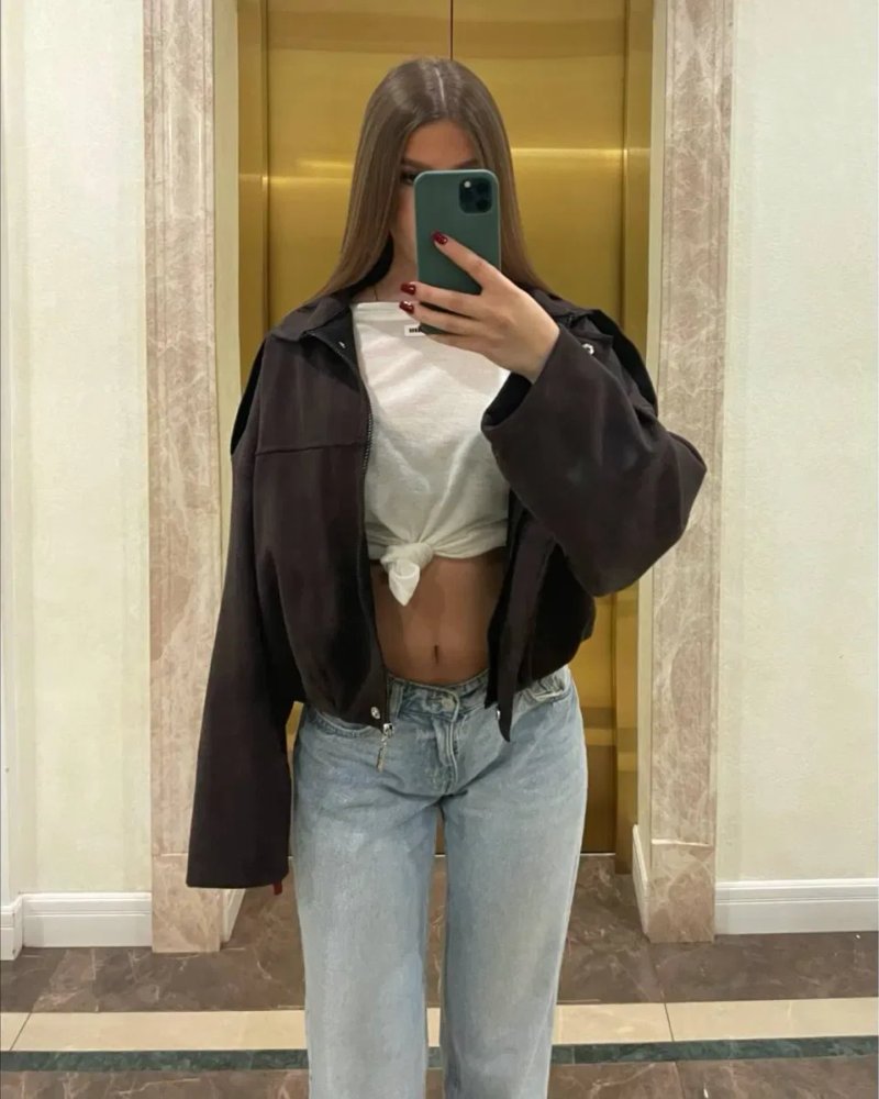 Укорочений замшевий бомбер в стилі Zara. Колір Темний шоколад — фото 3