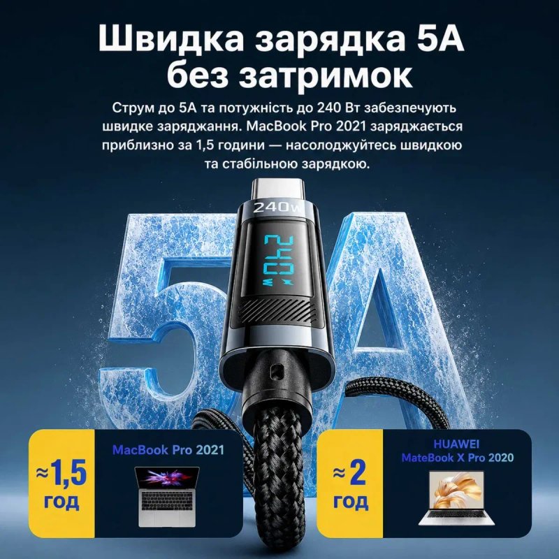 USB-C — USB-C кабель Alerion 240W з дисплеєм — швидка зарядка PD 3.1, 1 м — фото 5