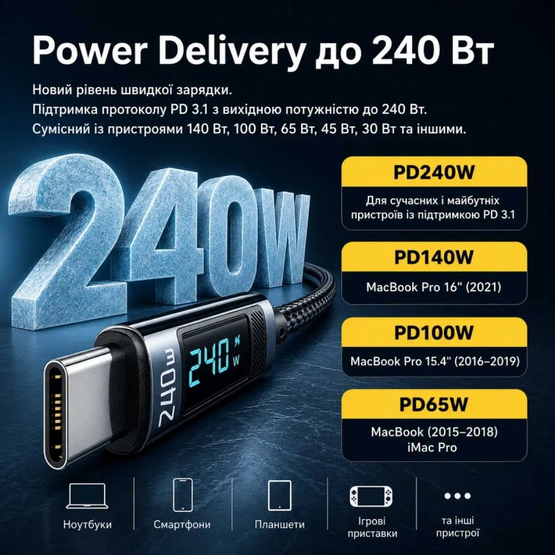USB-C — USB-C кабель Alerion 240W з дисплеєм — швидка зарядка PD 3.1, 1 м — фото 6