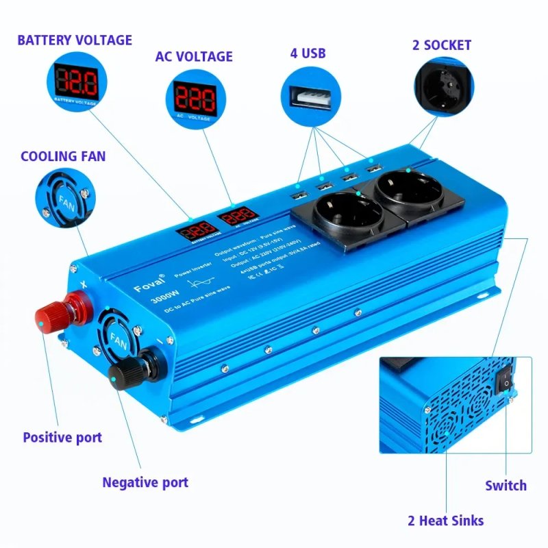 В НАЯВНОСТІ Інвертор FOVAL 3000W 12V EU (наша розетка, чиста синусоїда — фото 2