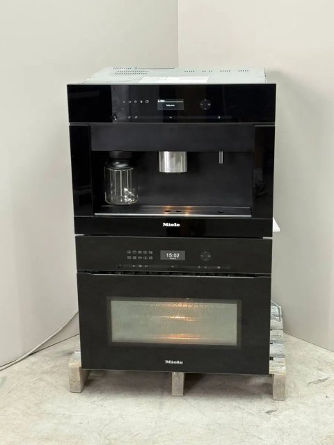 Вбудована комбінована мікрохвильова піч Miele H 6401 BMX (без ручок, чорне скло) та Вбудована автоматична кавомашина Miele CVA 6401