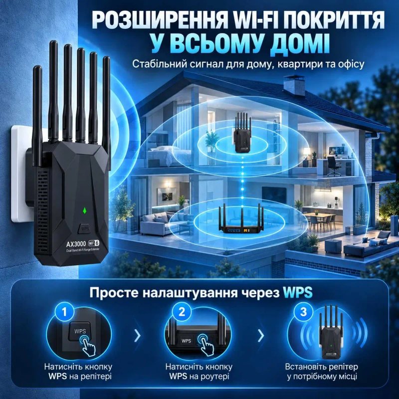 WiFi 6 репітер AX3000 3000 Мбіт/с | Підсилювач Wi-Fi | 2.4G + 5G | Gigabit LAN | Перевірено — фото 5
