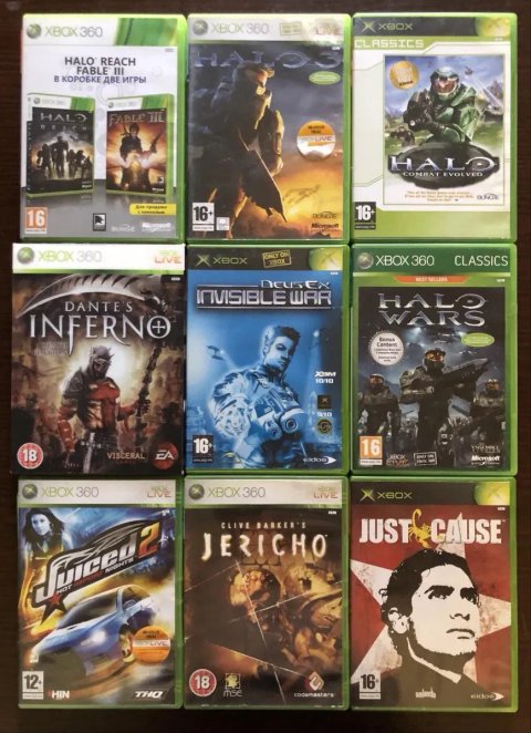 Xbox 360/Original: Forza Horizon, FIFA 2019, Fable GTA San Andreas, Halo Gears of WR, Dantes Inferno, Hitman Harry Potter, FarCry, Jericho Godfather