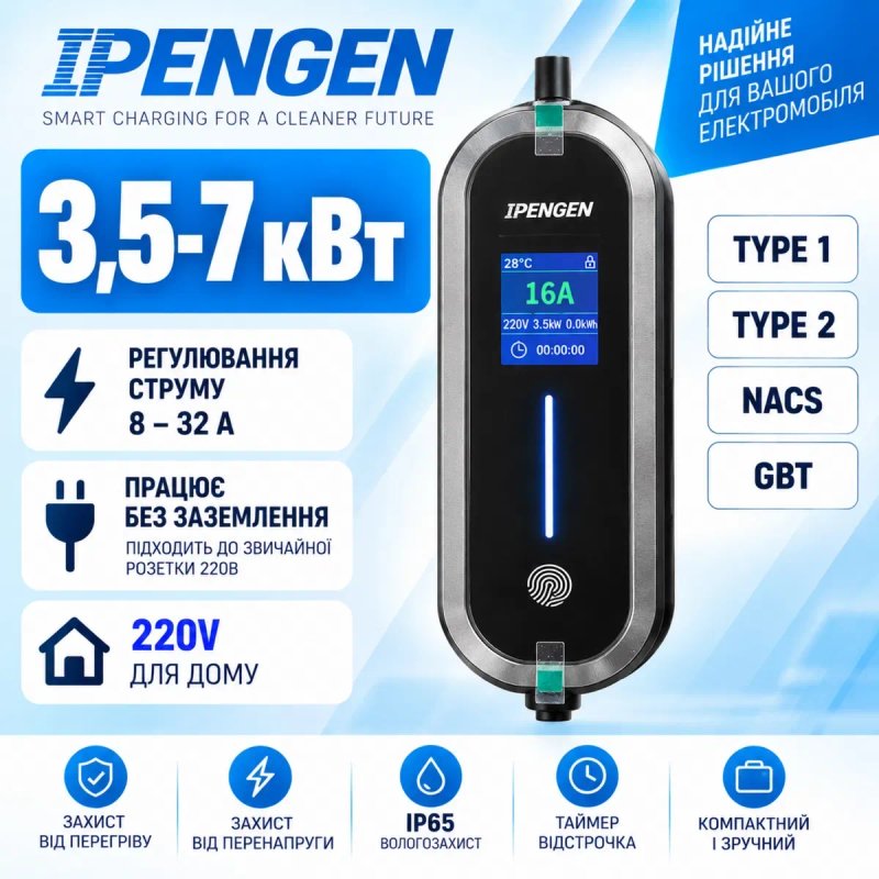 Зарядка  AIPENGEN 3.5 кВт 16А Type 1 Type 2 GBT NACS