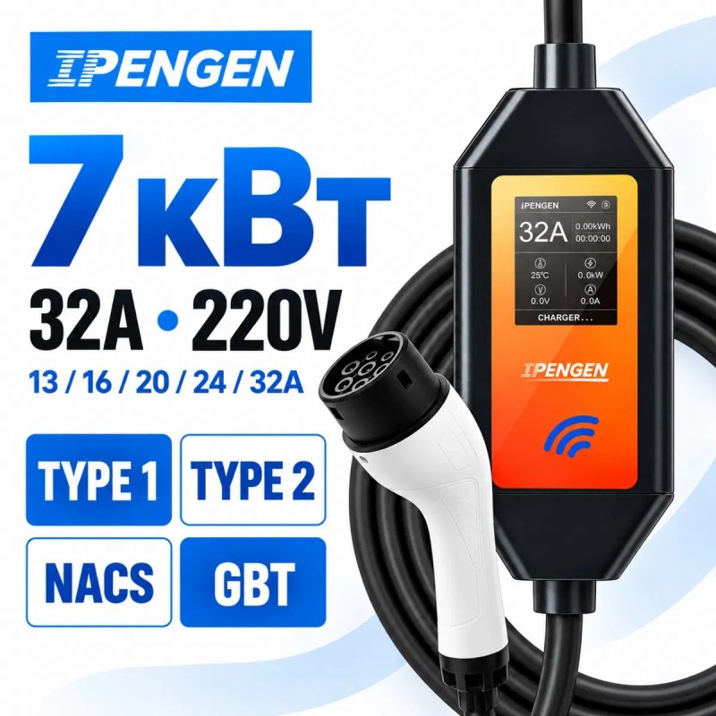 Зарядка  AIPENGEN 7 кВт 32А або 3,5 кВт 16А Type 1 Type 2 GBT NACS Wi Fi 3-5 м