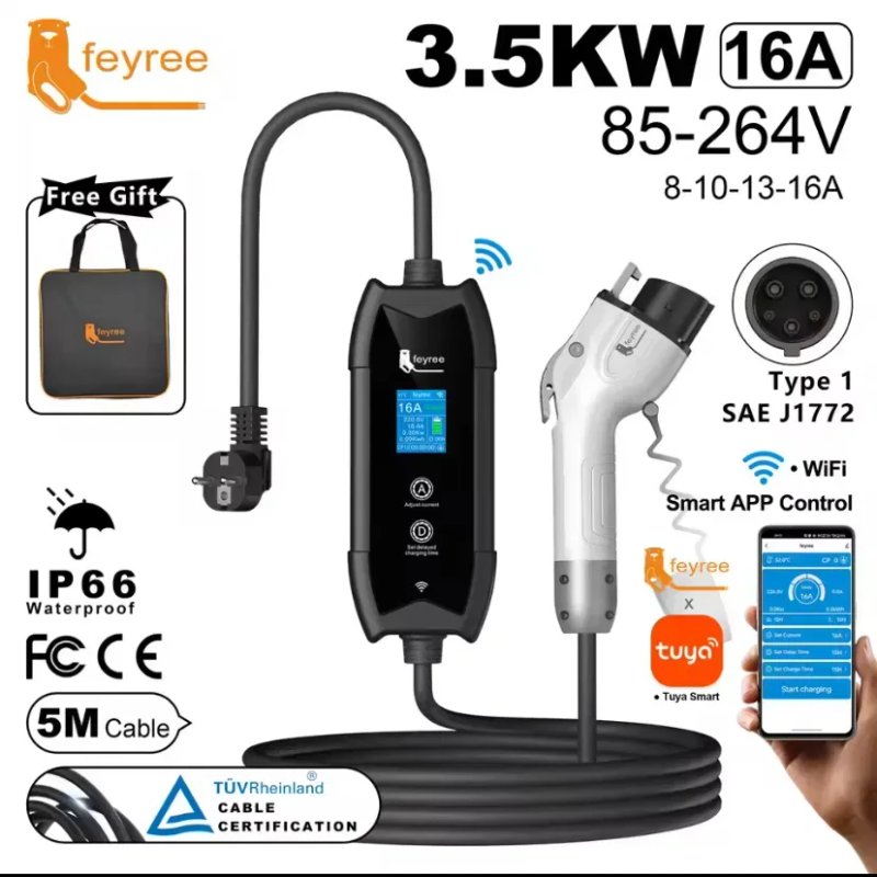 Зарядка електромобіля Feyree, Type1, 2, GB/T,Tesla 16A 3,5кBт