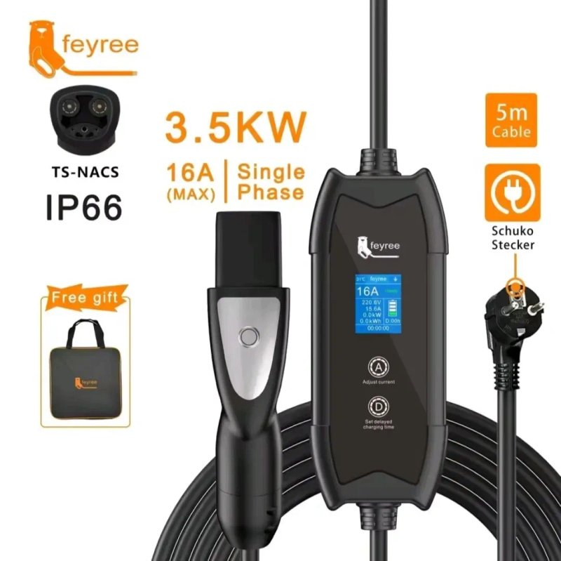 Зарядка FEYREE Tesla NACS 16А 3.5 кВт кабель 5м портативний EV Charger регулювання струму IP66 для електромобілів США + сумка — фото 3