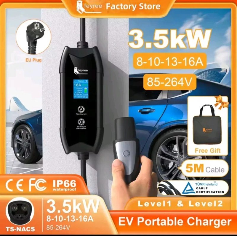 Зарядка FEYREE Tesla NACS 16А 3.5 кВт кабель 5м портативний EV Charger регулювання струму IP66 для електромобілів США + сумка — фото 4