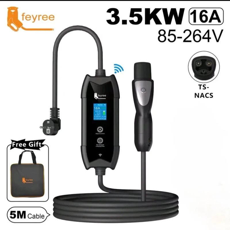 Зарядка FEYREE Tesla NACS 16А 3.5 кВт кабель 5м портативний EV Charger регулювання струму IP66 для електромобілів США + сумка — фото 7