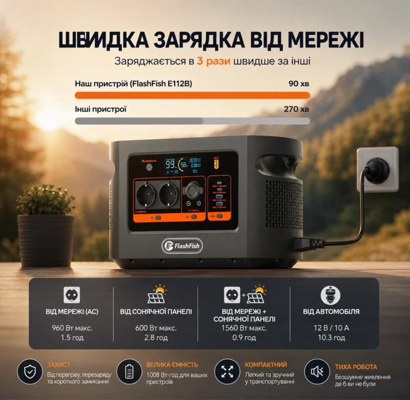 Зарядна станція FlashFish E112B 1200W 1008Wh LiFePO4 Нова — фото 3