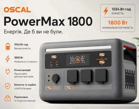 Зарядна станція OSCAL PowerMax 1800SE — 1800 Вт / 1024 Вт·год / LiFePO4 В наявності