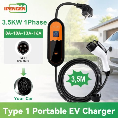 Зарядний пристрій EV Charger Type 1 J1772 16A 3.5kW 3.5м IPENGEN регулювання 8-16A LCD екран відкладений старт 0-8 годин