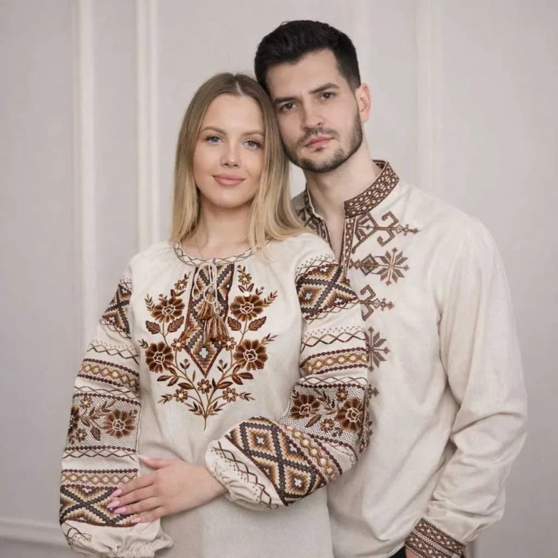 Жіноча вишита сорочка вишванка Ясміна бежева з коричневою вишивкою льон, Женская вышиванка — фото 3
