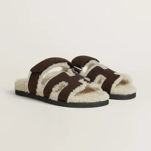 Жіночі теплі коричневі сандалі з овчиною Hermès Chypre Shearling Sandals