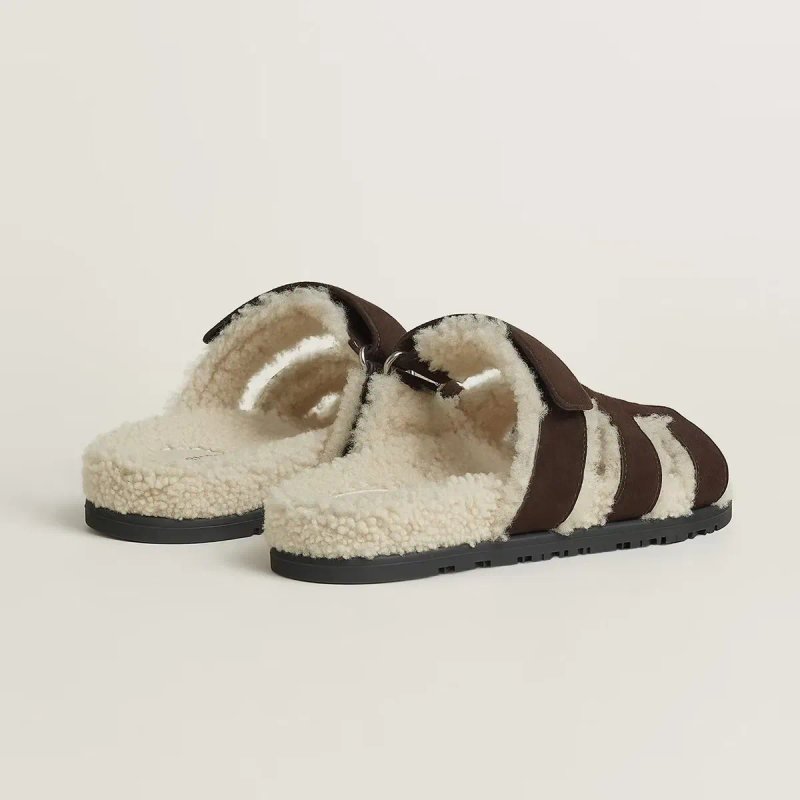 Жіночі теплі коричневі сандалі з овчиною Hermès Chypre Shearling Sandals — фото 2