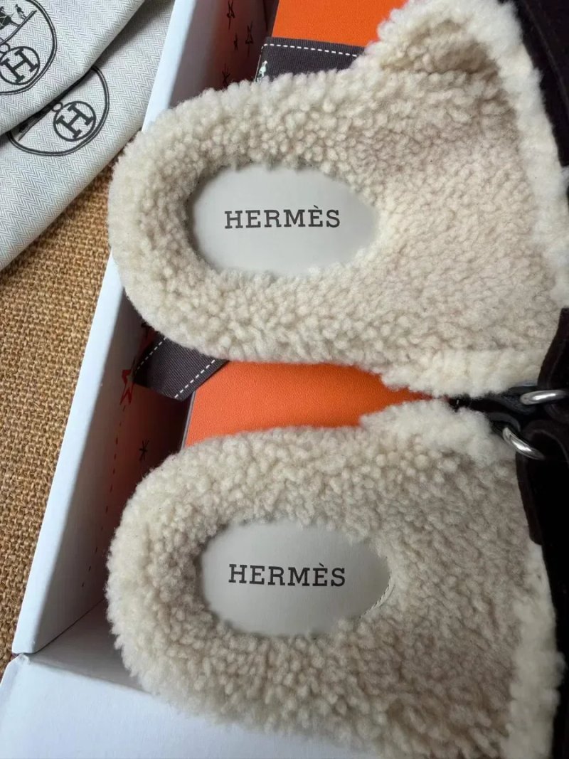 Жіночі теплі коричневі сандалі з овчиною Hermès Chypre Shearling Sandals — фото 3