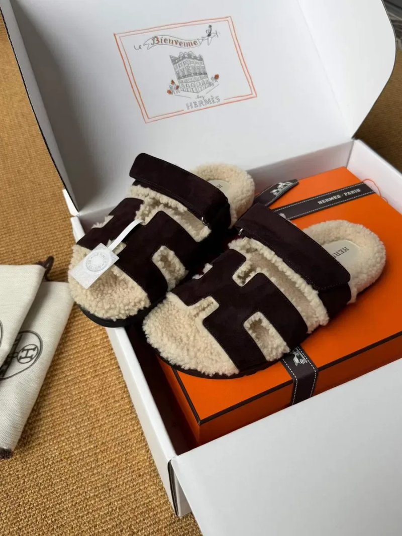Жіночі теплі коричневі сандалі з овчиною Hermès Chypre Shearling Sandals — фото 6