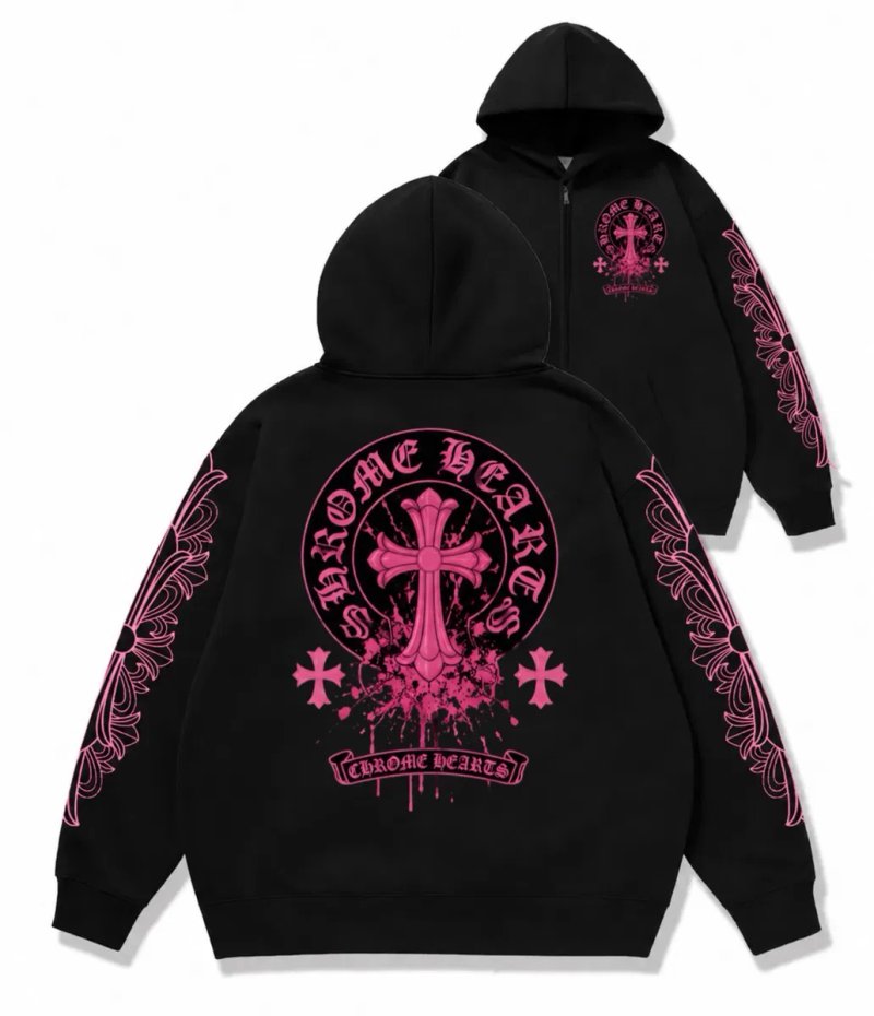 Зип худи Chrome Hearts Pink logo унисекс черные с крестами толстовка лонгслив кофта худи с капюшоном Новинка — фото 3