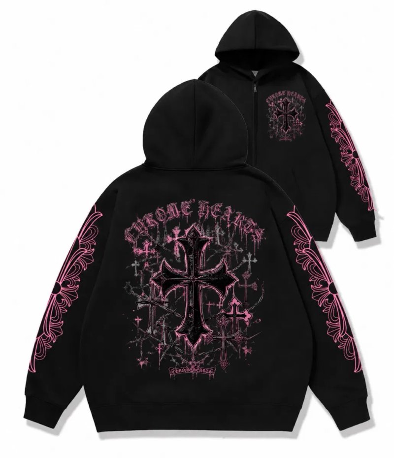 Зип худи Chrome Hearts Pink logo унисекс черные с крестами толстовка лонгслив кофта худи с капюшоном Новинка — фото 4