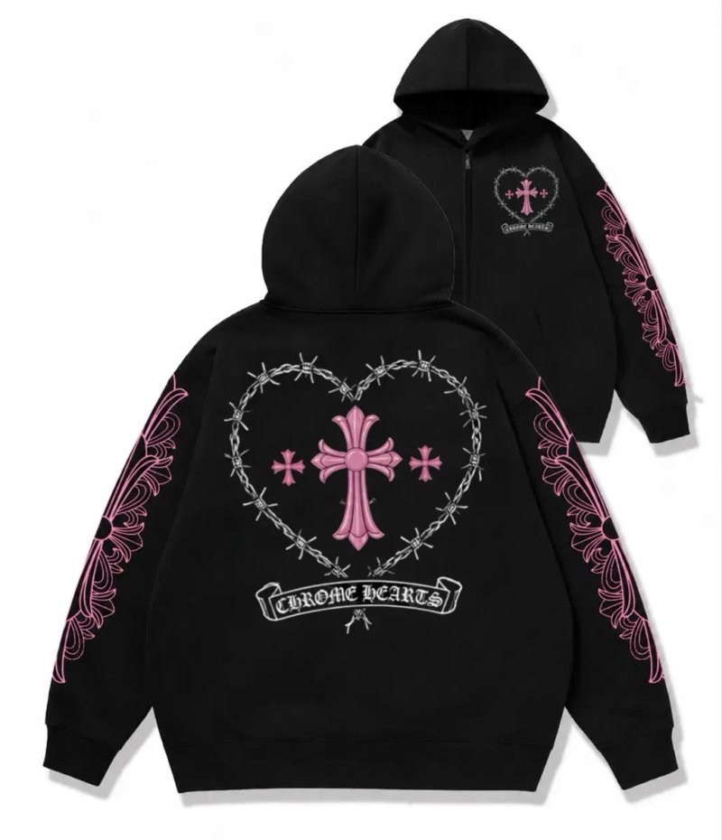 Зип худи Chrome Hearts Pink logo унисекс черные с крестами толстовка лонгслив кофта худи с капюшоном Новинка — фото 5