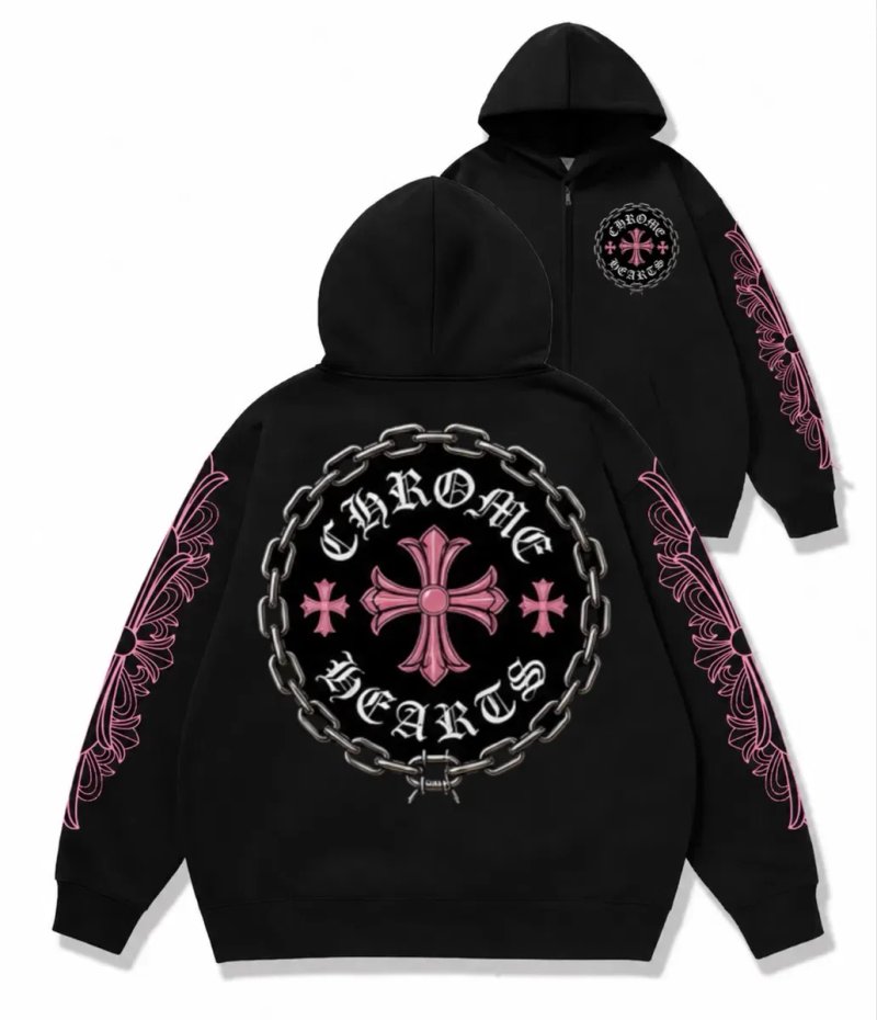 Зип худи Chrome Hearts Pink logo унисекс черные с крестами толстовка лонгслив кофта худи с капюшоном Новинка — фото 6