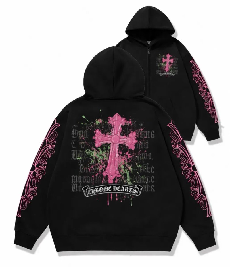 Зип худи Chrome Hearts Pink logo унисекс черные с крестами толстовка лонгслив кофта худи с капюшоном Новинка — фото 7