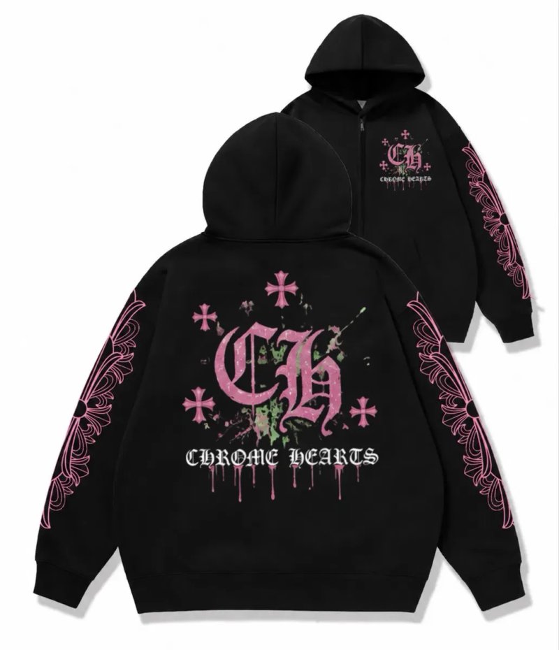 Зип худи Chrome Hearts Pink logo унисекс черные с крестами толстовка лонгслив кофта худи с капюшоном Новинка — фото 8