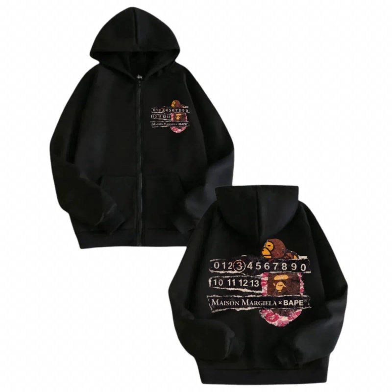 Зип худи Maison Margiela paris x Bape Logo унисекс коллоборация мейсон марджела  и бейп черные Кофта толстовка лонгслив — фото 2