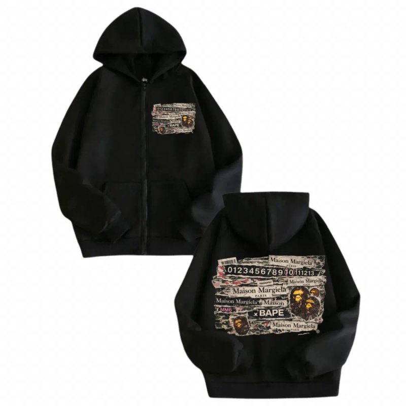 Зип худи Maison Margiela paris x Bape Logo унисекс коллоборация мейсон марджела  и бейп черные Кофта толстовка лонгслив — фото 8