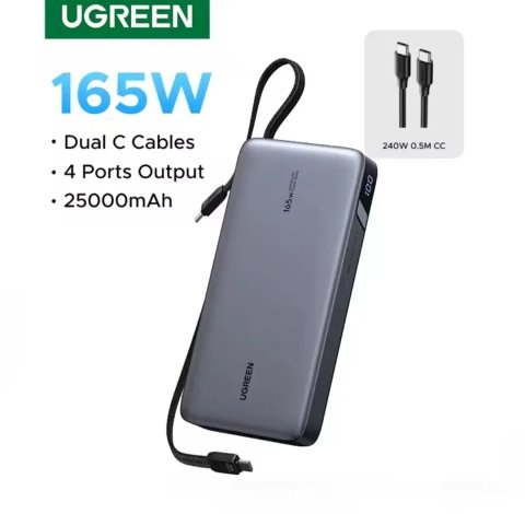 Зовнішній акумулятор Павербанк Ugreen Nexode PD 165W 25000mAh Два вбудованих кабелі USB-C Оригінал