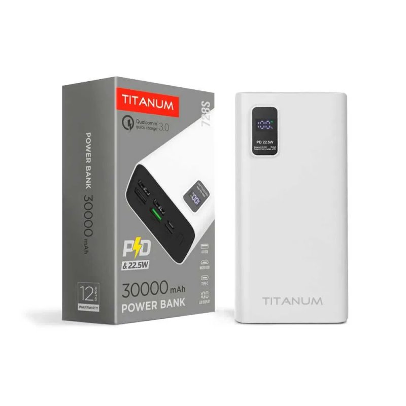 30000mAh 22.5W оригінальний power bank TITANUM 728S, Чесний павербанк з швидкою зарядкою. Зовнішній акумулятор, з рівнем якості hoco baseus xiaomi; — фото 5