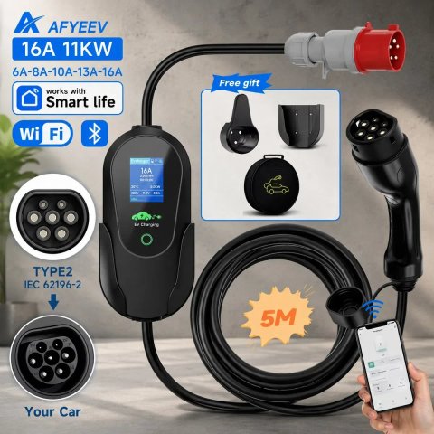 AFYEEV 11kW 16A Wi-Fi Type 2 | Зарядний пристрій для електромобіля | 3 фази | Smart Life APP | 5м кабель | IP66 wifi