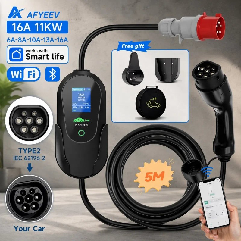 AFYEEV 11kW 16A Wi-Fi Type 2 | Зарядний пристрій для електромобіля | 3 фази | Smart Life APP | 5м кабель | IP66 wifi