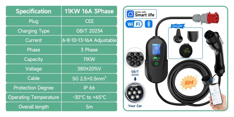 AFYEEV 11kW 16A Wi-Fi Type 2 | Зарядний пристрій для електромобіля | 3 фази | Smart Life APP | 5м кабель | IP66 wifi — фото 5