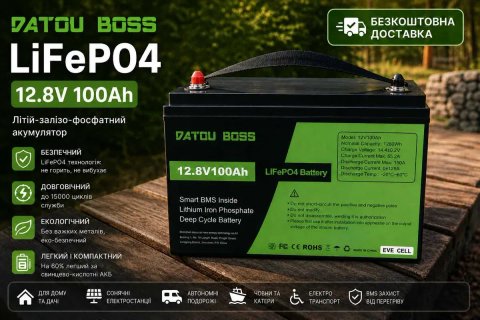 Аккумулятор DATOUBOSS LiFePO4 Литий-железо-фосфатная батарея > 12.8V 100Ач BMS > БЕСПЛАТНАЯ ДОСТАВКА. В наличии 50, 100, 200, 300.