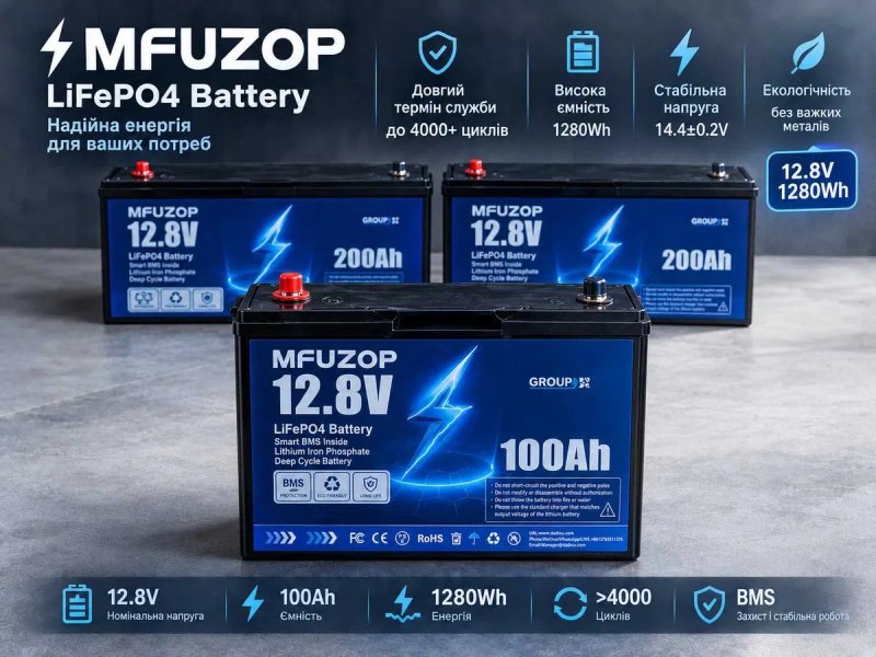 Акумулятор LiFePO4 ECO літій-залізо-фосфатний 12V 100Ah 12,8В. Бесплатная доставка. Аккумулятор (Li-Po) Li-ion батарея, «АКБ. — травень 2026 року» — фото 2