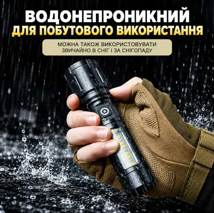 Акумуляторний ліхтар WARSUN 603 LED + COB 1200 Лм, 6 режимів, Zoom, Type-C, IP44, ручний тактичний ліхтарик — фото 6