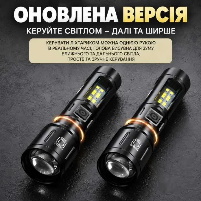 Акумуляторний ліхтар WARSUN 603 LED + COB 1200 Лм, 6 режимів, Zoom, Type-C, IP44, ручний тактичний ліхтарик — фото 7