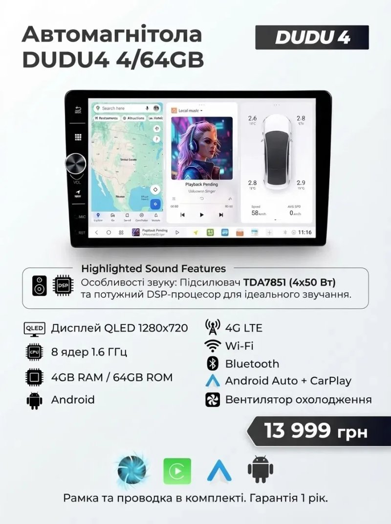 Android магнитола Dudu з крутилкою, CarPlay, 4G LTE + рамка і дроти під будь-яке авто — фото 4