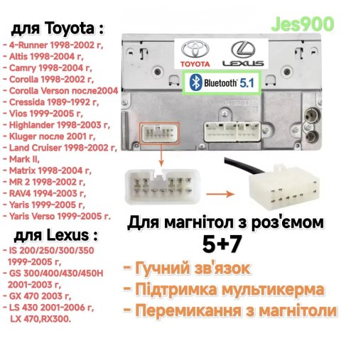 Bluetooth 5.1 Тоyota Lexus 5+7 Підтримка керма AUX Блютуз Camry 30