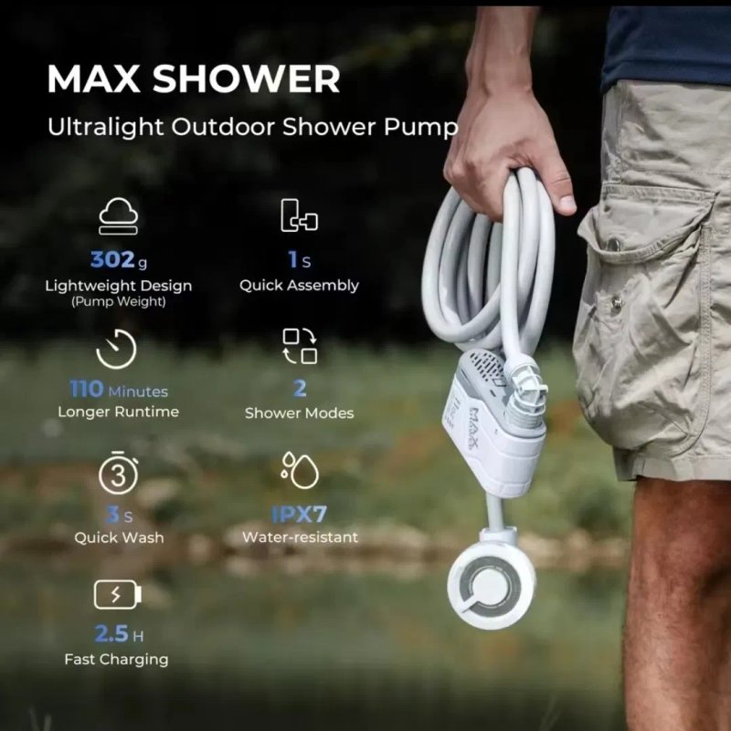 Душ Flextail Max Shower портативний, акумуляторний, дачний, похідний, для військових, легкий, з насосом, USB-C — фото 2