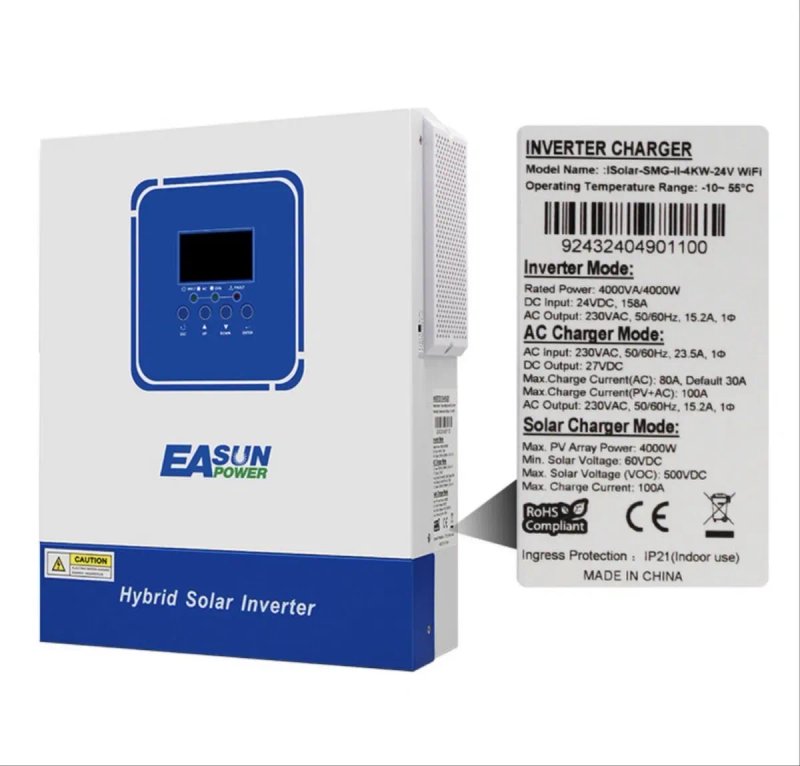 Гібридний сонячний інвертор EASUN POWER iSolar-SMG-II-4KW-24V WiFi 4000W 24V MPPT 100A, чиста синусоїда, ДБЖ UPS — фото 2