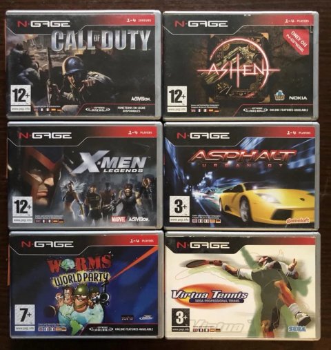 Ігри для Nokia N-Gage: X-Men, Tomb Raider, Sonic, Spider-Man, Splinter Cell, Sims Rayman Red Faction, Crash FIFA, Call of Duty, Asphalt