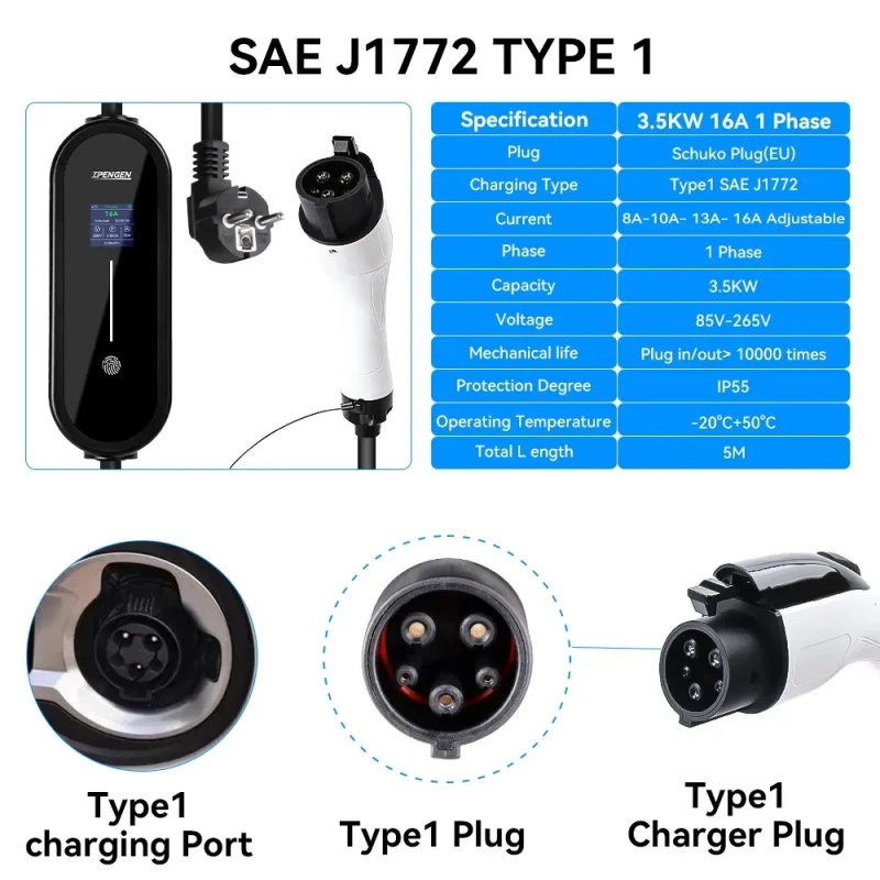 IPENGEN EV Charger 3.5kW 16A 5м — портативна зарядка Type1 J1772 Type2 GBT Tesla для електромобілів США Європи Китаю — фото 6