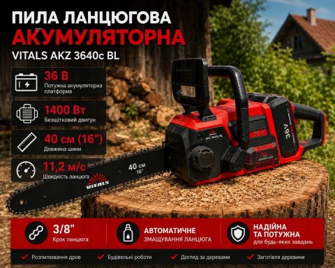 ХІТ! Ланцюгова акумуляторна безщіткова пила Vitals AKZ 3640sx BL 18В | Гарантія 3 роки | Безкоштовна доставка | Легкість Потужність Зручність