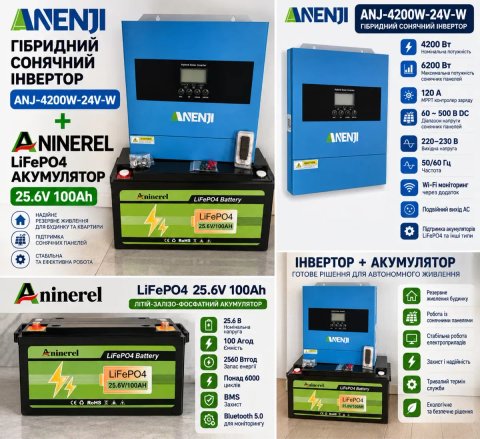 Комплект інвертор ANENJI 4200W 24V + акумулятор LiFePO4 100Ah 2.56кВт