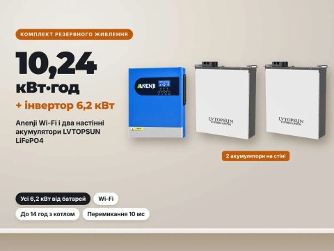 Комплект резервного живлення 10,24 кВт·год: інвертор Anenji 6,2 кВт Wi-Fi + 2 настінні акумулятори LVTOPSUN LiFePO4 51,2V 100Ah