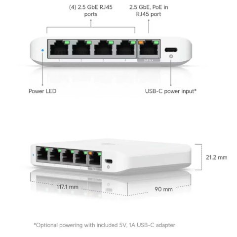 Комутатор Ubiquiti UniFi Flex Mini 2.5G USW-Flex-2.5G-5, 5×2.5GbE, PoE/USB-C